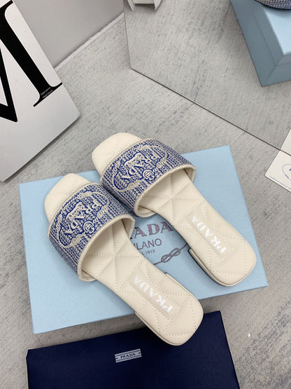 Prada 2026 Slippers Embroidery Canvas Sheepskin 731065