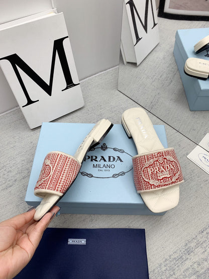 Prada 2026 Slippers Embroidery Canvas Sheepskin 731065