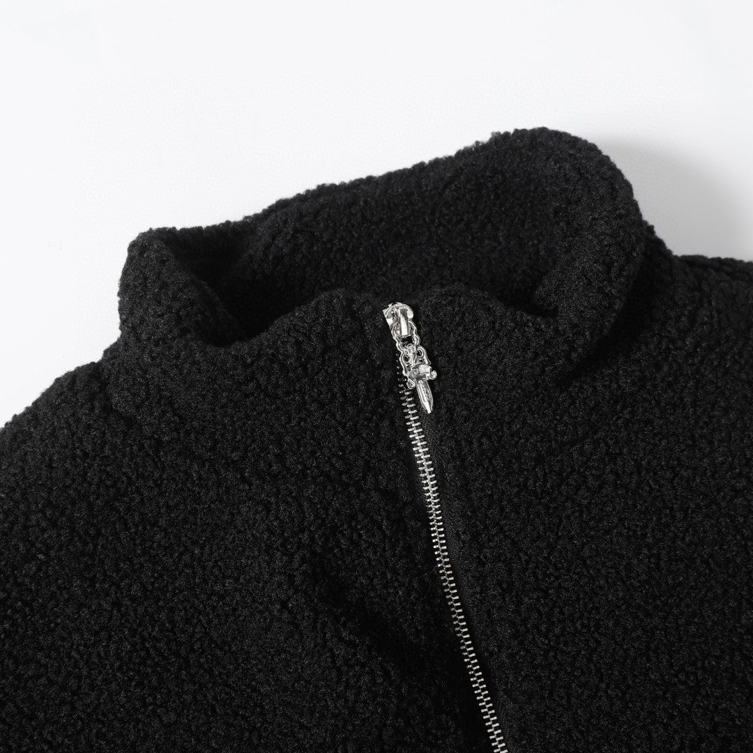 Chrome-Hearts Horseshoe Embroidered Sherpa Jacket - Black Cream Gothic Coat 825