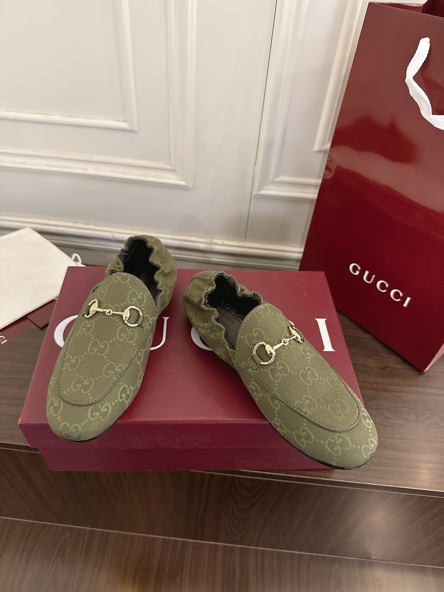 GG 26SS Loafers Olive Green Monogram Canvas Leather 645956
