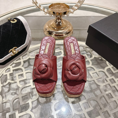 CC 26s Camellia Platform Slippers 65 Dark Red Lambskin 627046