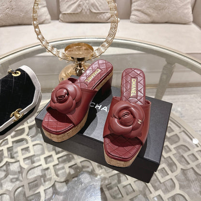 CC 26s Camellia Platform Slippers 65 Dark Red Lambskin 627046