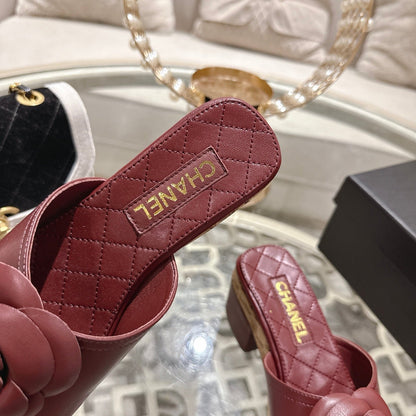 CC 26s Camellia Platform Slippers 65 Dark Red Lambskin 627046