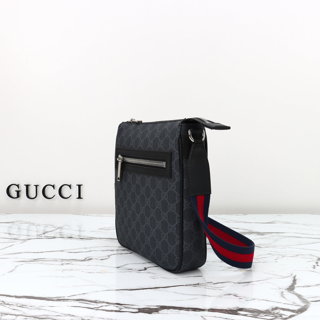 Gucci 2026 Flatpack Small Messenger Bag 24cm Black Dark Gray Canvas Leather