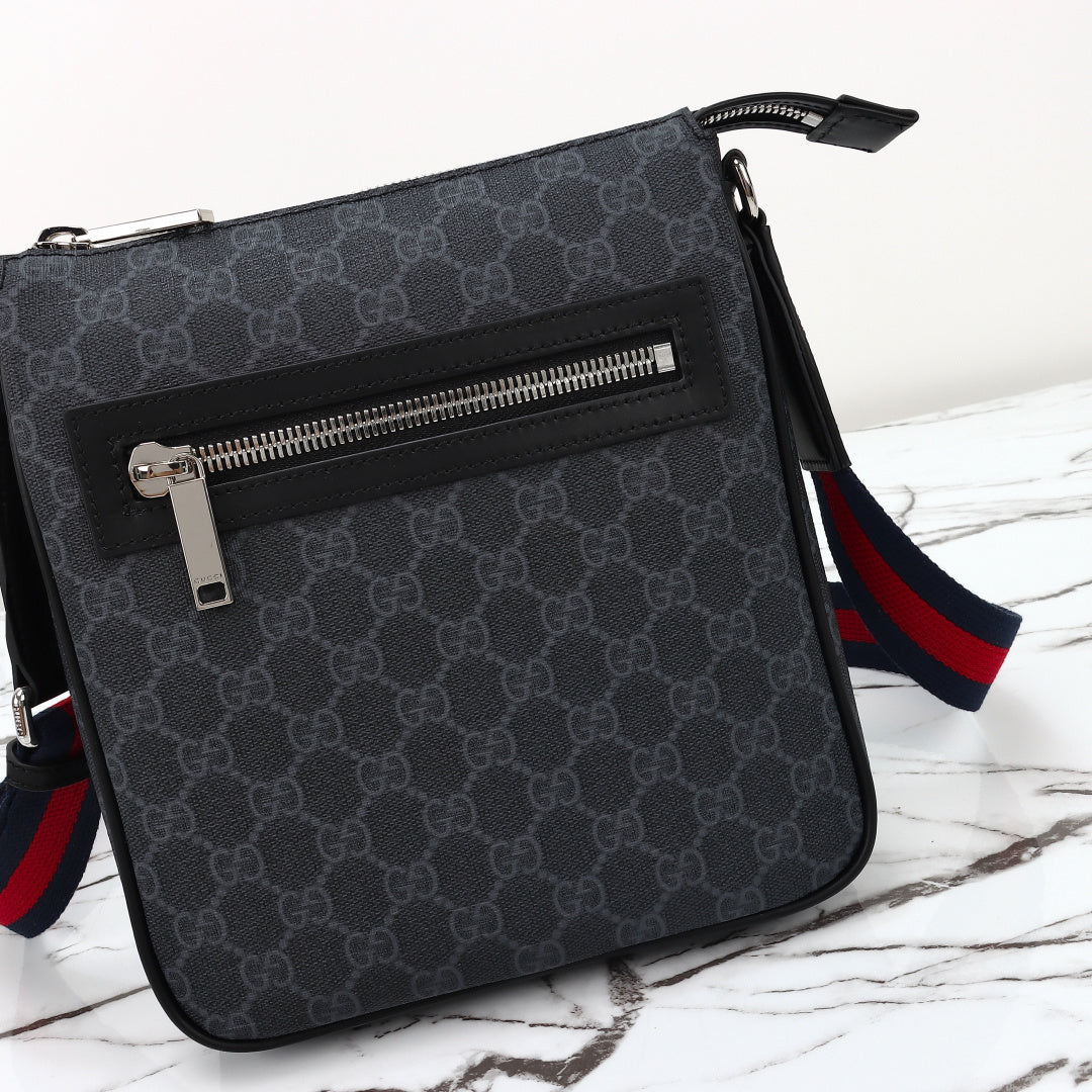 Gucci 2026 Flatpack Small Messenger Bag 24cm Black Dark Gray Canvas Leather