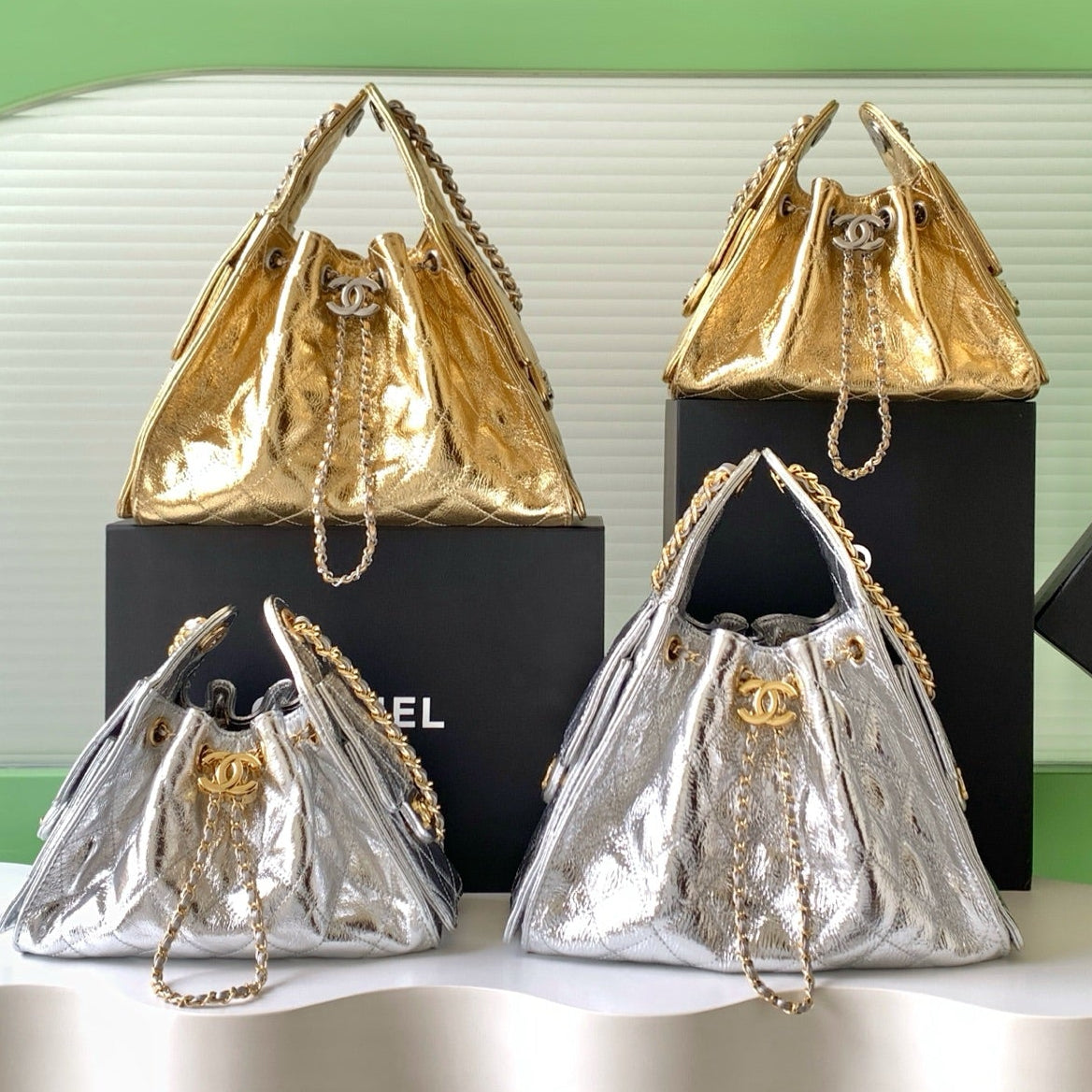 Chanel 2026 Hobo Shoulder Bag Gold And Silver Metallic Calfskin