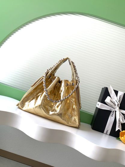 Chanel 2026 Hobo Shoulder Bag Gold And Silver Metallic Calfskin